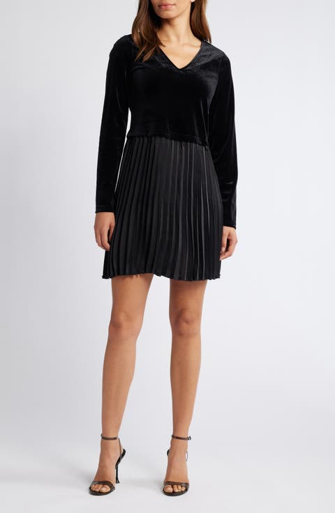 Pleated Ling Sleeve Mixed Media Velvet Minidress