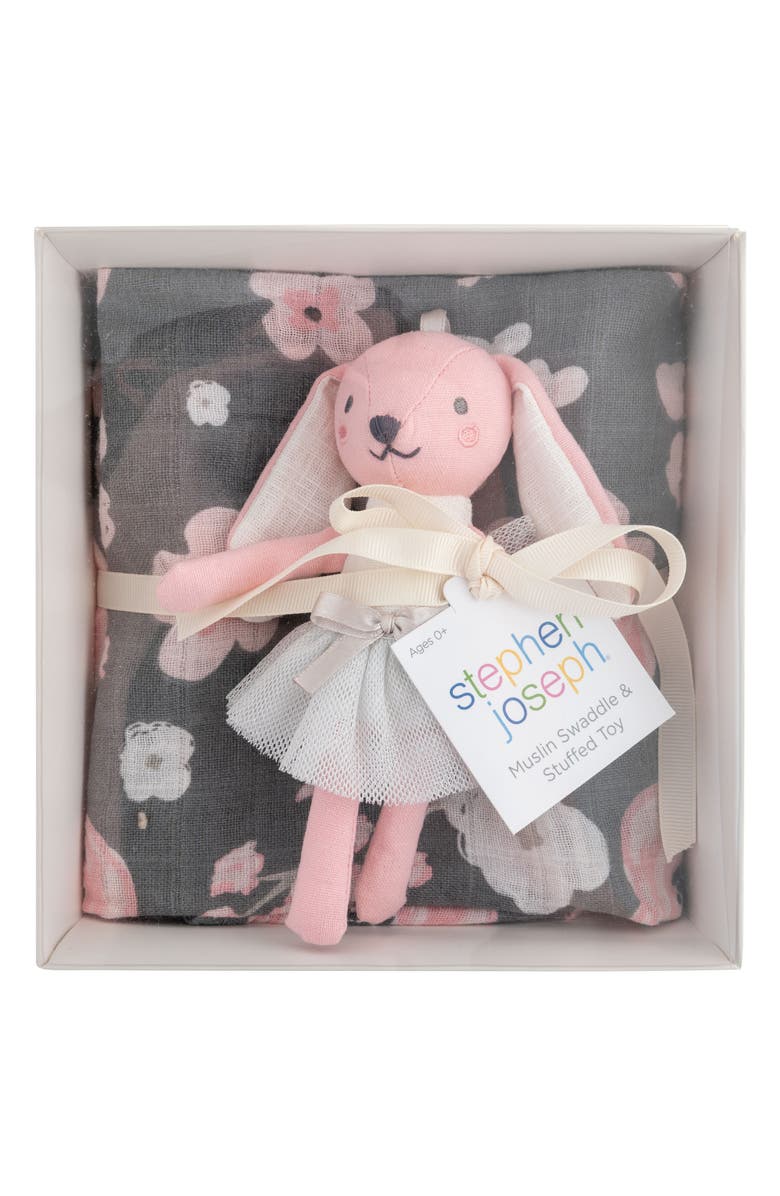 Stephen Joseph Cotton Muslin Swaddle Blanket & Stuffed Animal Gift Set, Alternate, color, Grey/ Pink