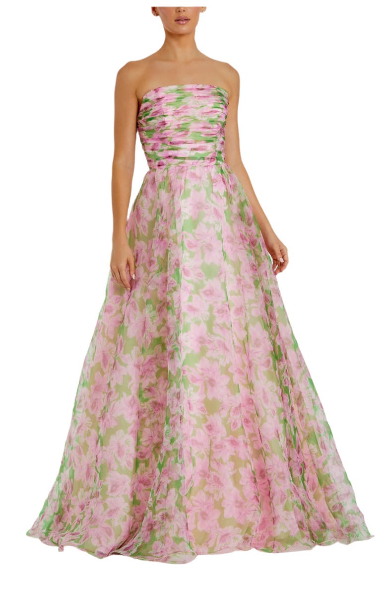 Mac Duggal Strapless Chiffon Gown With Ruffle Detail, Main, color, Pink Multi