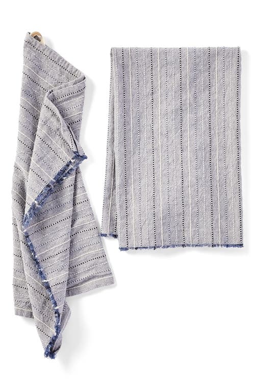 Coyuchi Fringe Stripe Set Of 2 Organic Cotton Hand Towels In Blue