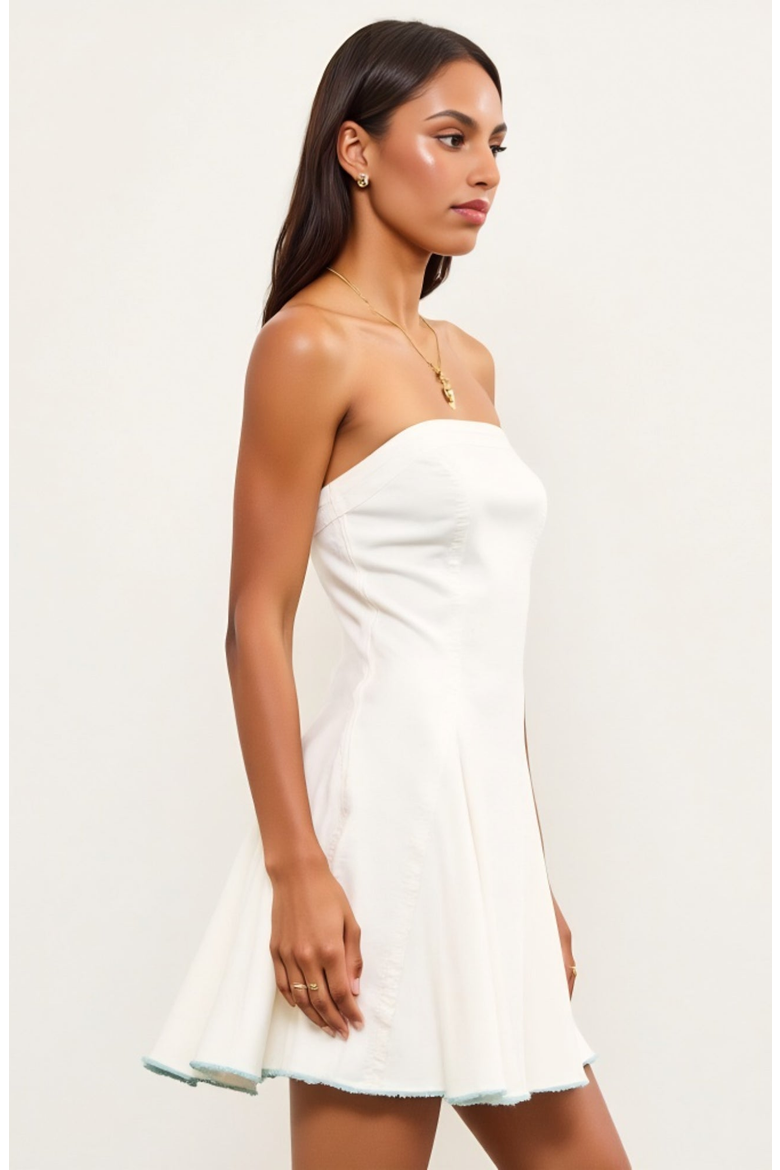 Strapless Fit-and-Flare Mini Denim Dress with Raw Edge Hem Detail, Alternate, color, White