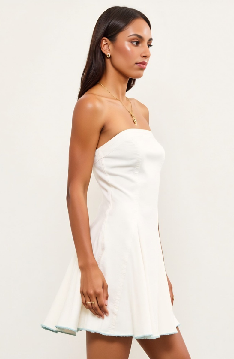 Modenaire Strapless Fit-and-Flare Mini Denim Dress with Raw Edge Hem Detail, Alternate, color, White