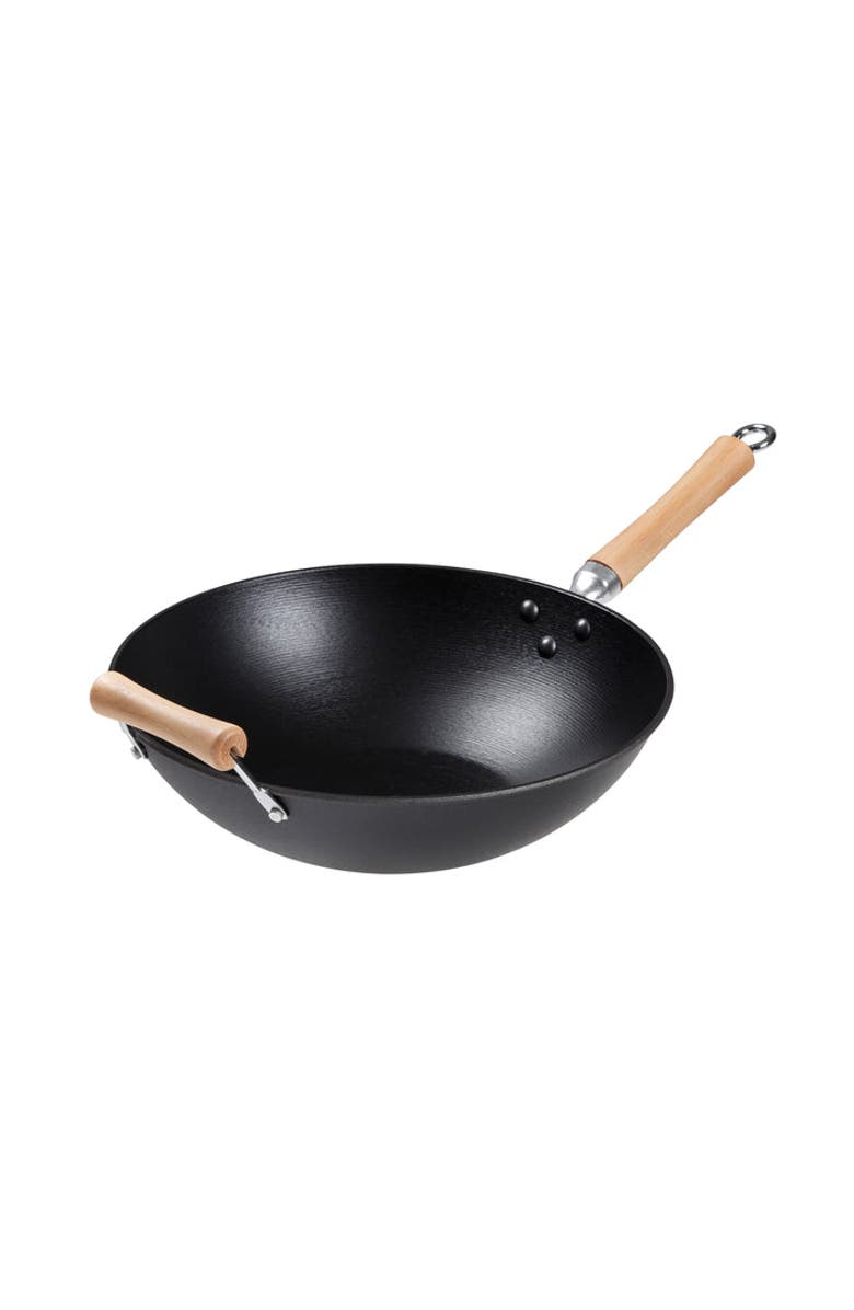 JOYCE CHEN Preseasoned Cast Iron Flat Bottom Wok with Maple Handle, 14-Inch, Alternate, color, Black
