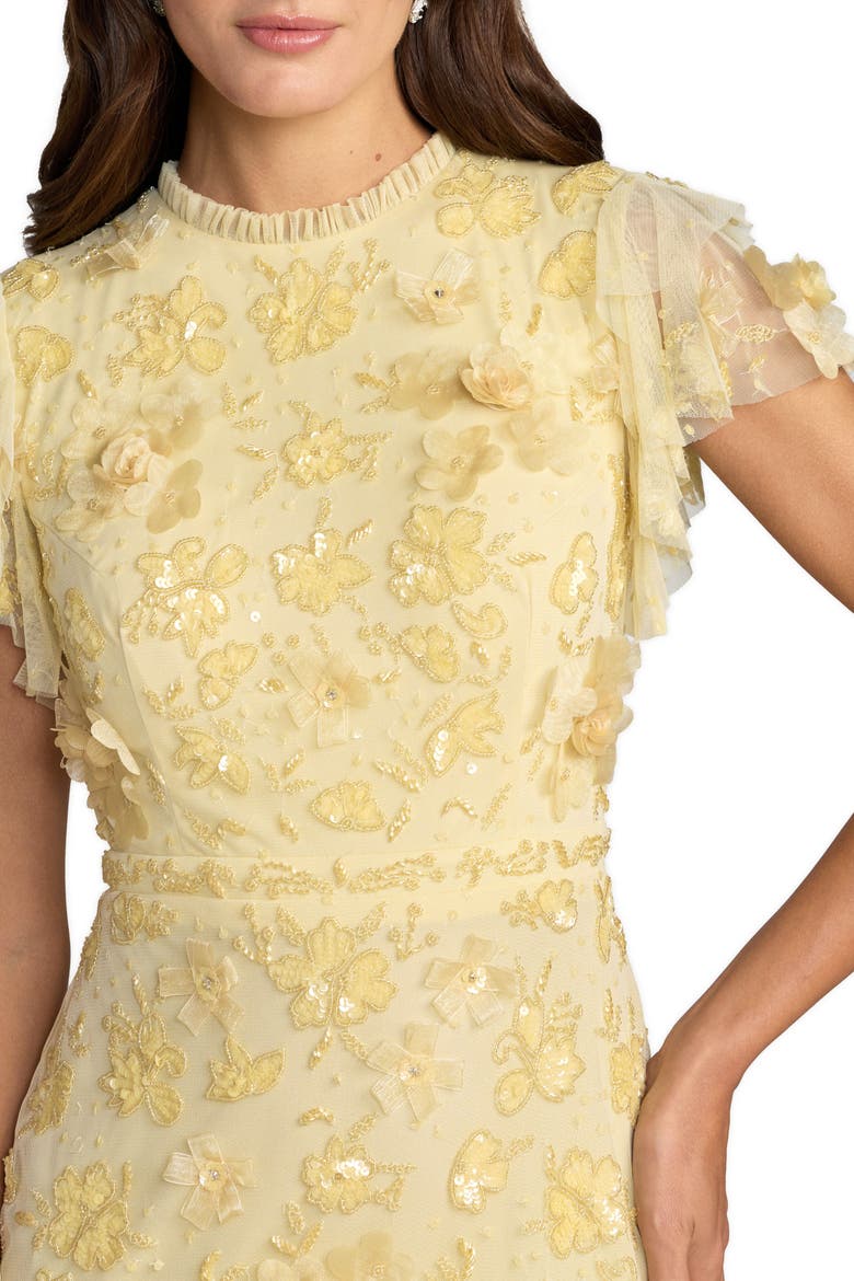 Floral Embellished High Neck Flutter Sleeve Gown, Alternate, color, Butter