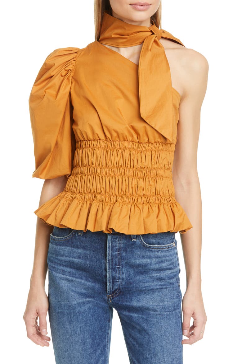 Tie Neck Stretch Cotton One-Shoulder Top, Main, color, MANGO