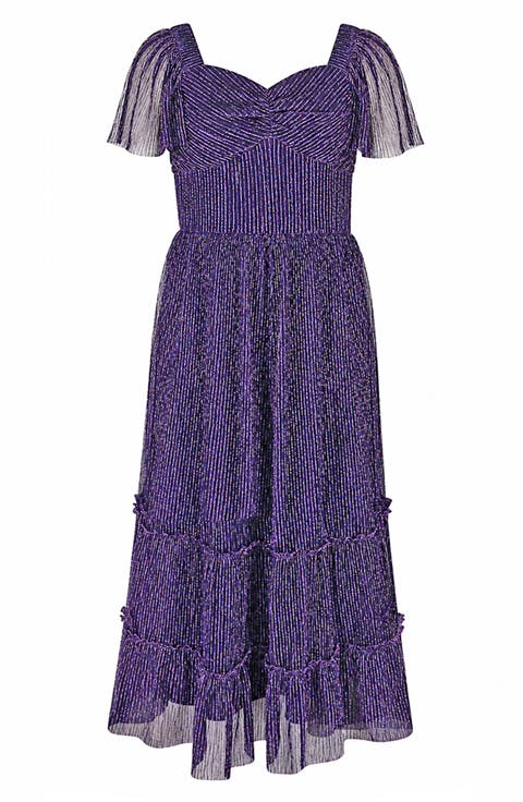 Kids' Metallic Tiered Plissé Maxi Party Dress
