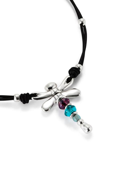 Unode50 Leather Necklace With Sterling Silver-plated Dragonfly And Crystals In Black