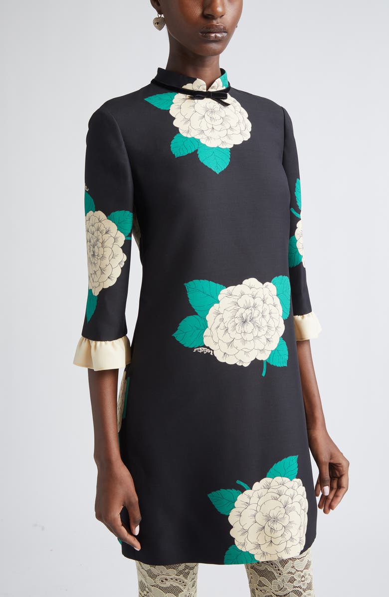 Valentino Garavani Ruffle Detail Crepe Couture Minidress, Alternate, color, Black/ Ivory