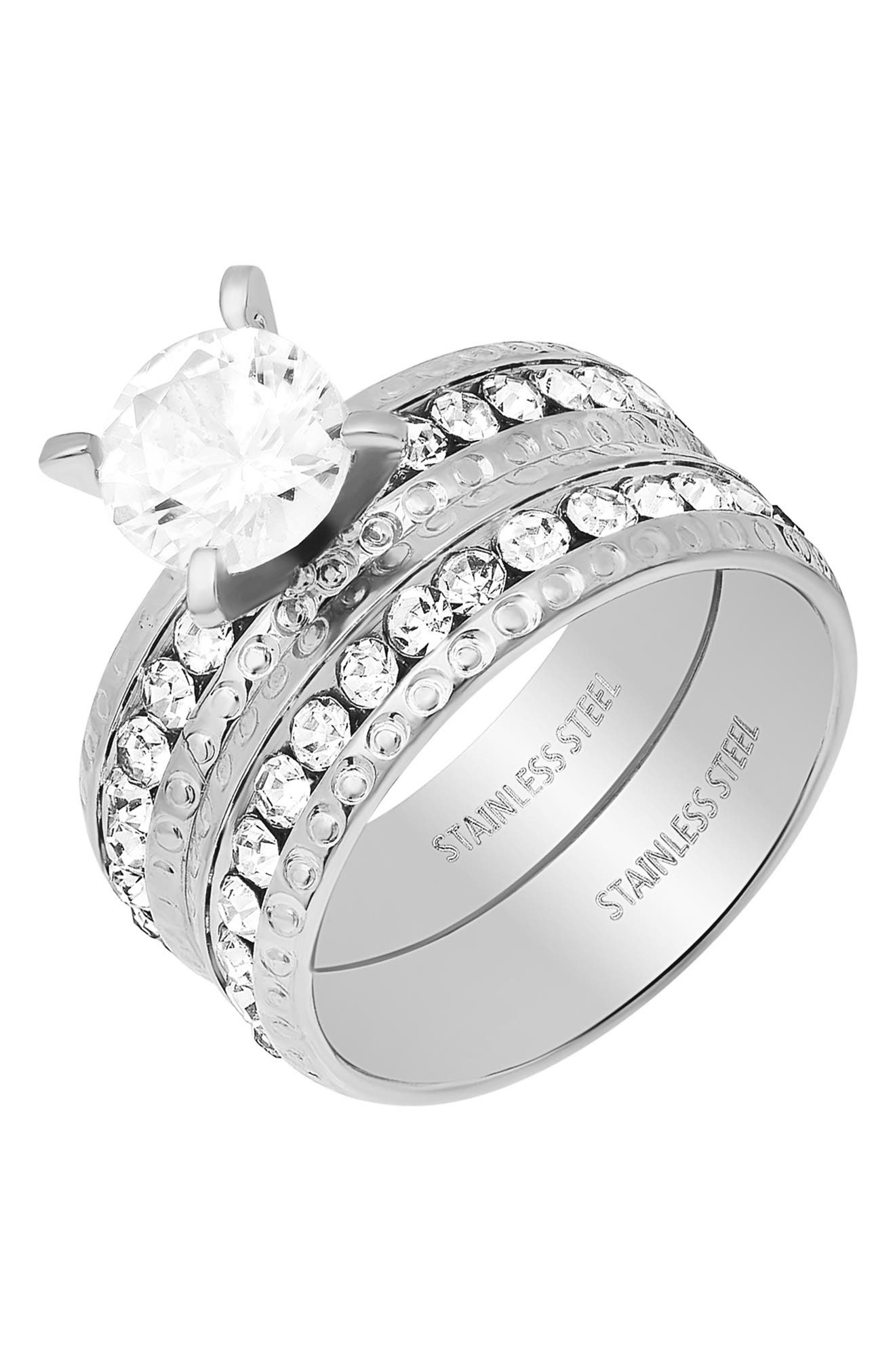 HMY JEWELRY Stainless Steel Simulated Diamond Solitaire Ring Set (Women ...