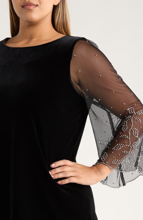 Alex Evenings Sheer Rhinestone Sleeve Velvet Blouse In Black