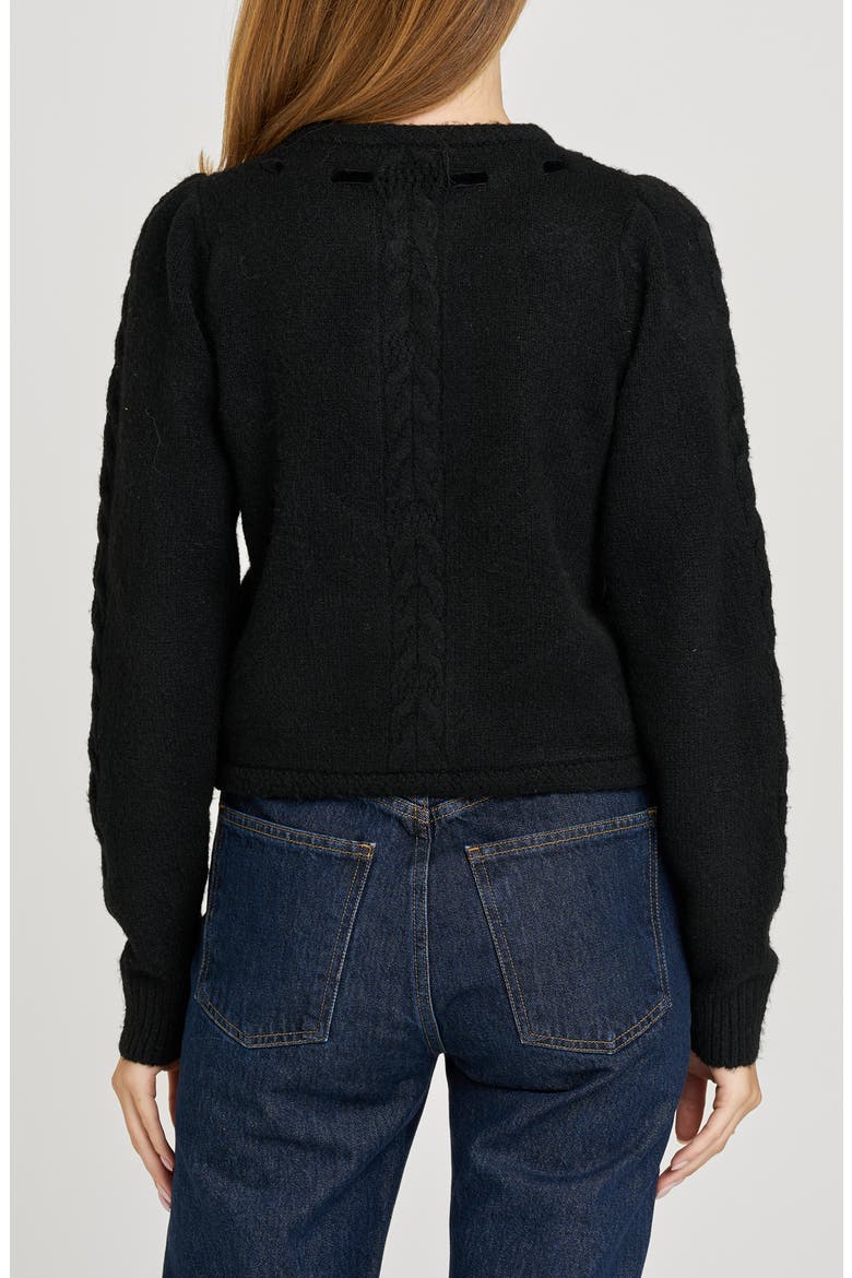 x Sara Walker Jackie Velvet Bow Cable Stitch Cardigan, Alternate, color, BLACK