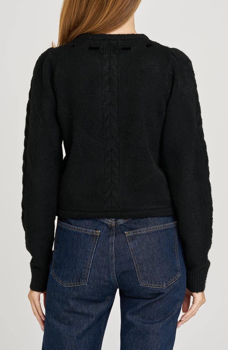 WAYF x Sara Walker Jackie Velvet Bow Cable Stitch Cardigan, Alternate, color, Black