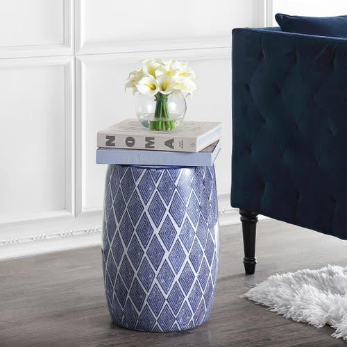 Jonathan Y Moroccan Diamonds 18" Ceramic Drum Garden Stool In Blue/white