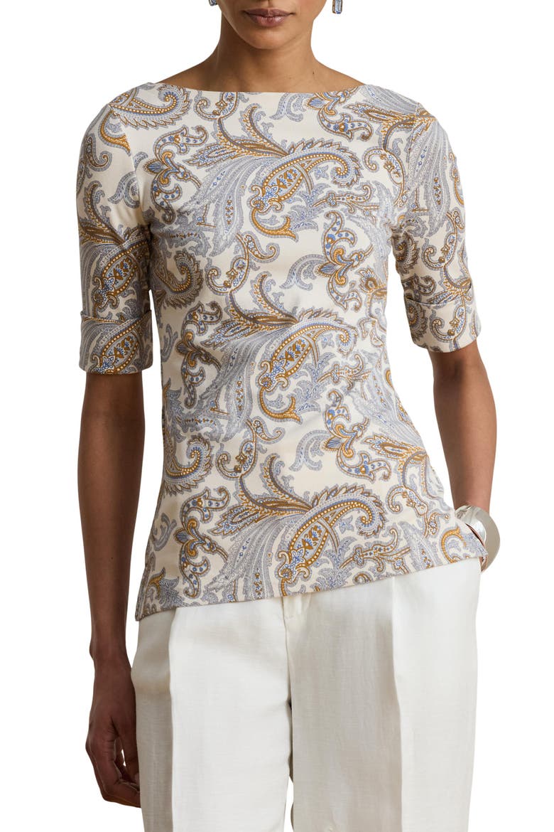 Paisley Stretch Cotton Boat Neck T-Shirt, Main, color, CREAM/ MULTI