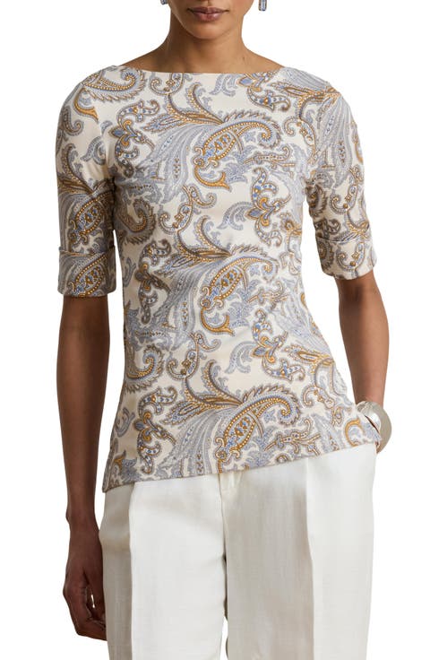 Paisley Stretch Cotton Boat Neck T-Shirt