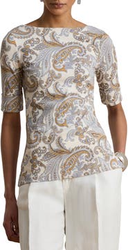 Lauren Ralph Lauren Paisley Stretch Cotton Boat Neck T-Shirt