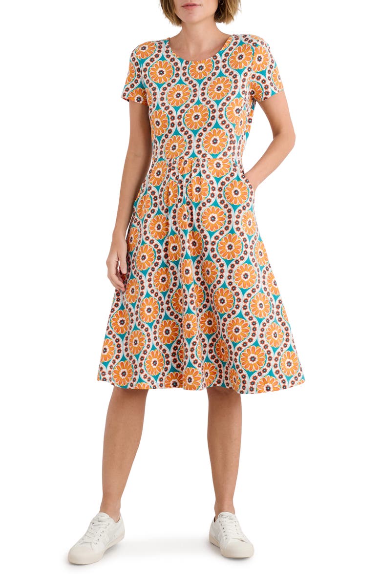 Seasalt Cornwall April Print Stretch Organic Cotton Dress, Main, color, Daisy Stamp Azurite