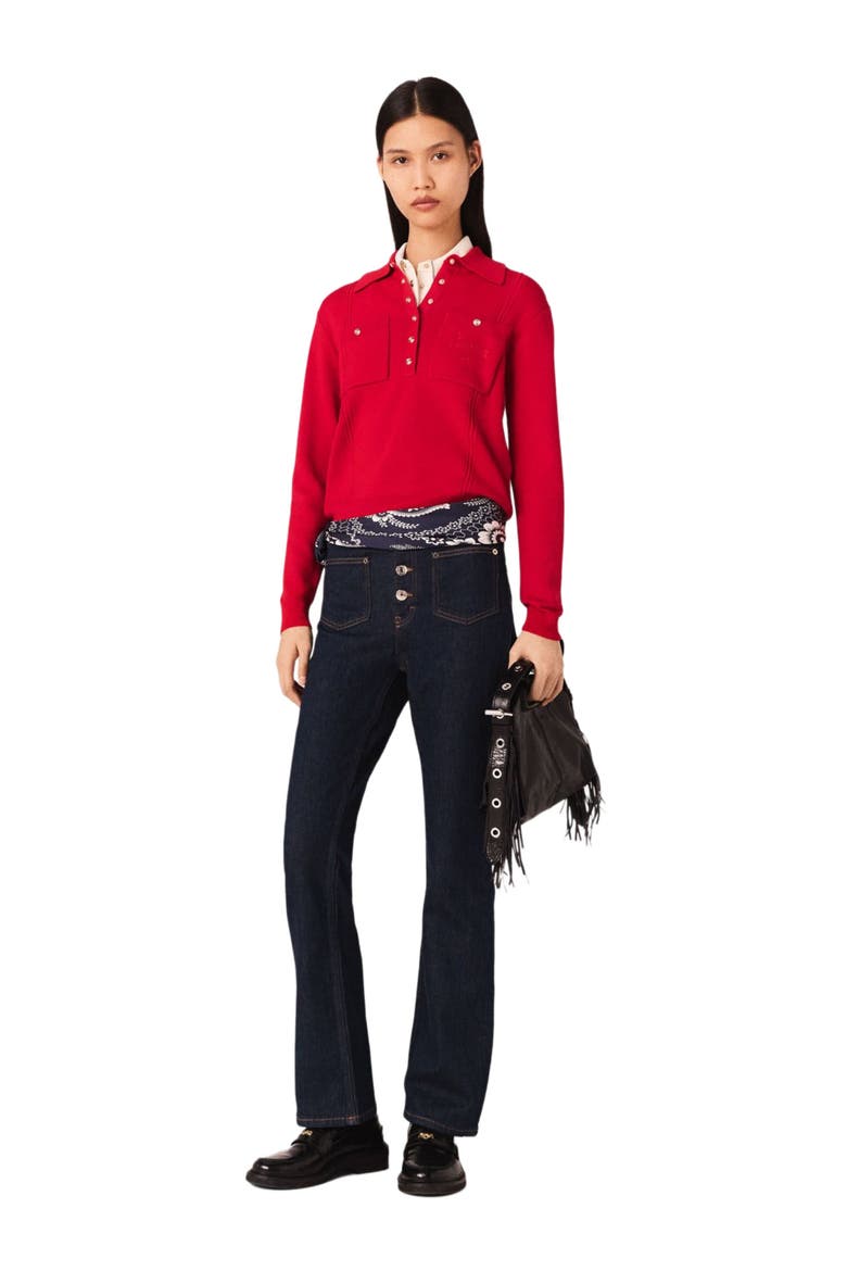 Polo collar sweater with embroidery, Main, color, Red