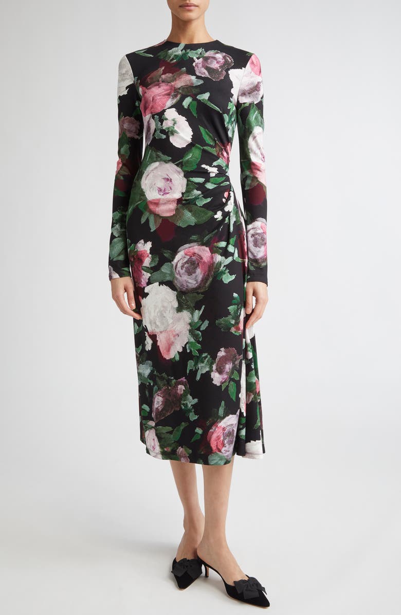 Erdem Painted Rose Draped Long Sleeve Jersey Midi Dress, Main, color, Painted Rose Black