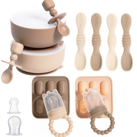 Silicone Suction Bowl Set with Lids, Soft Led Weaning Feeding Spoons, Fruit Feeders, Freezer & Dishwasher Safe
