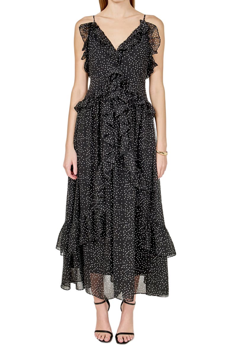 Dot Ruffle Sleeveless Maxi Dress, Main, color, BLACK
