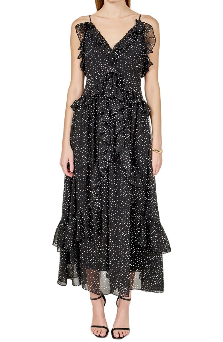 Endless Rose Dot Ruffle Sleeveless Maxi Dress, Main, color, 