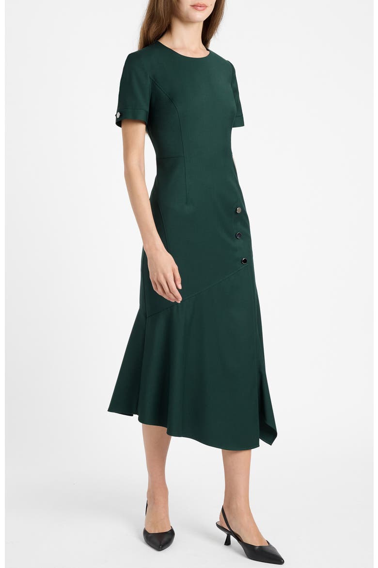 Raine Short Sleeve Hi-Lo Midi Dress in Soft Stretch Twill, Alternate, color, Evergreen