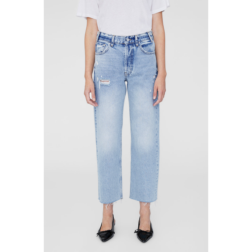 Anine Bing Gavin High Rise Distressed Straight Jeans In Washed Blue In Blue