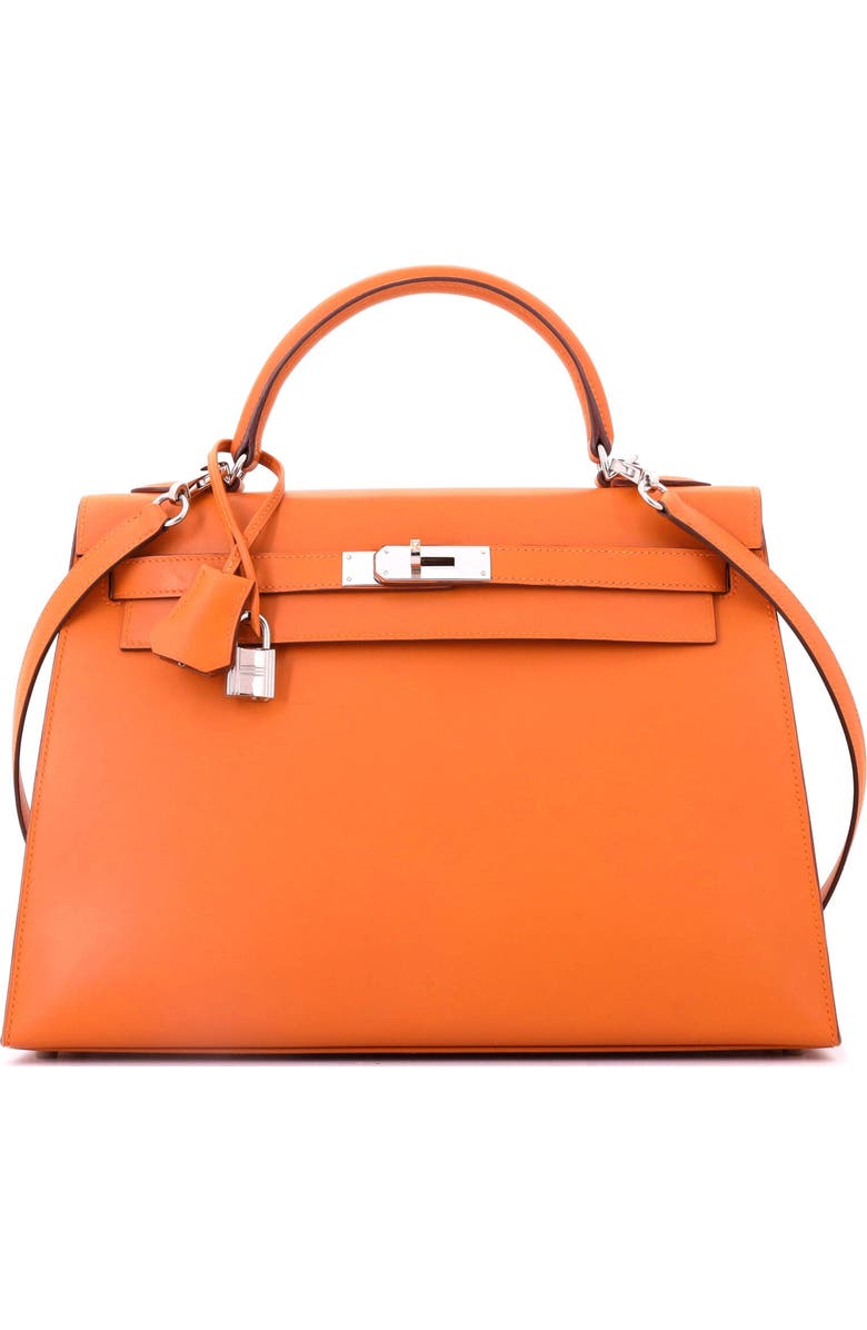 Pre-Owned Hermes Kelly Handbag Orange Box Calf with Palladium Hardware 32, Main, color, Orange H