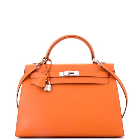 Kelly Handbag Orange Box Calf with Palladium Hardware 32