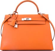 Pre-Owned Hermes Kelly Handbag Orange Box Calf with Palladium Hardware 32