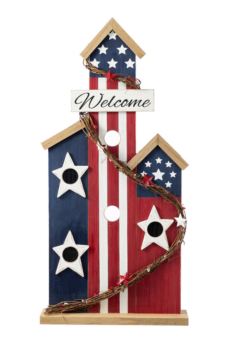 30"H Patriotic Americana Wooden Birdhouse Porch Decor, Alternate, color, Blue