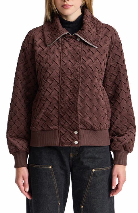 Braided Faux Suede High Neck Bomber Jacket
