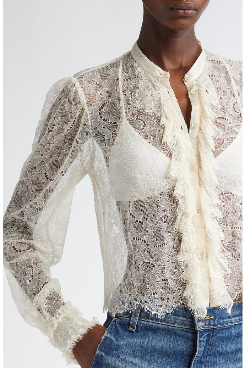 Cecile Ruffle Sheer Lace Top, Alternate, color, COWRIE