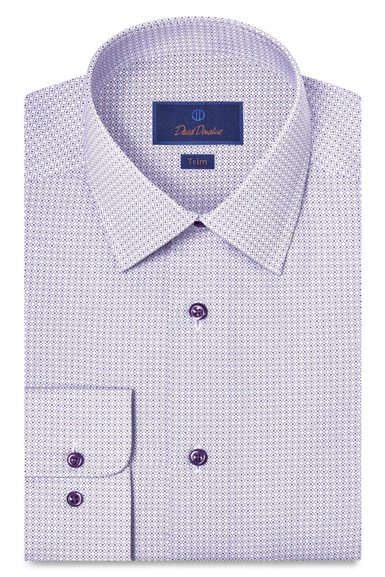 Trim Fit Geometric Print Cotton Dress Shirt, Main, color, WHITE/ LILAC