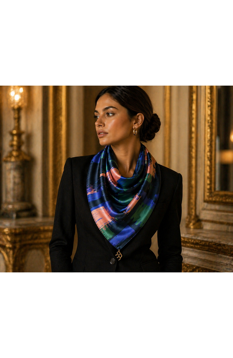 Dai Moda Zion Print Versa Scarf with logo hardware, Alternate, color, Navy Blue