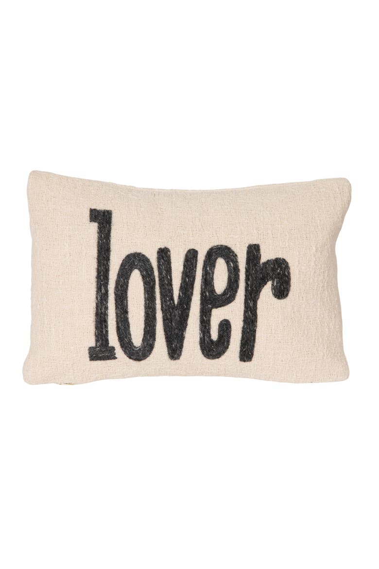 Woven Cotton Embroidered Lumbar Pillow "Lover", Cream and Grey Melange, Main, color, White