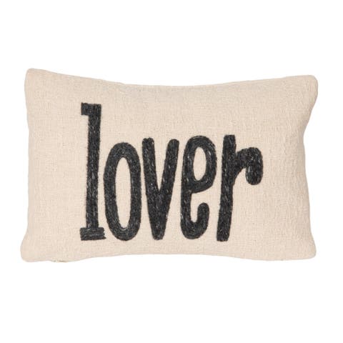 Woven Cotton Embroidered Lumbar Pillow "Lover", Cream and Grey Melange