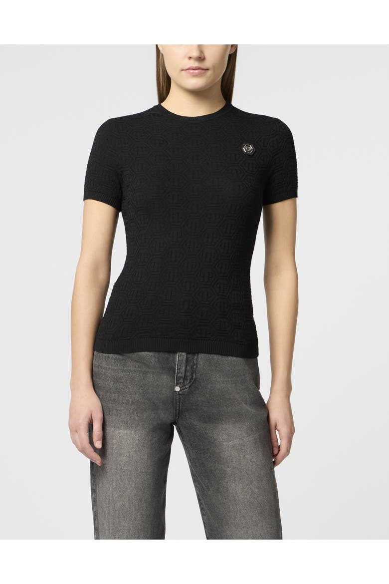 Knitted T-Shirt Sexy Pure Fit Monogram Monogram Women, Main, color, black