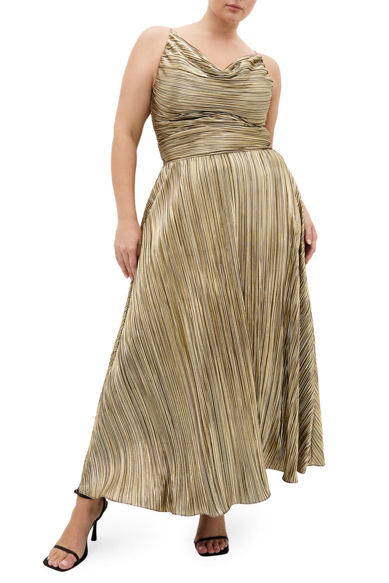 Kamila Plissé Metallic Sleeveless Maxi Dress, Main, color, BRONZE