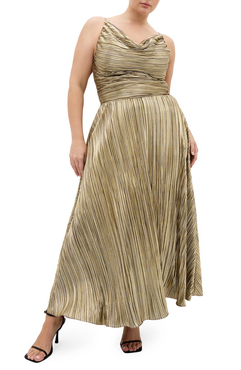 City Chic Kamila Plissé Metallic Sleeveless Maxi Dress, Main, color, Bronze