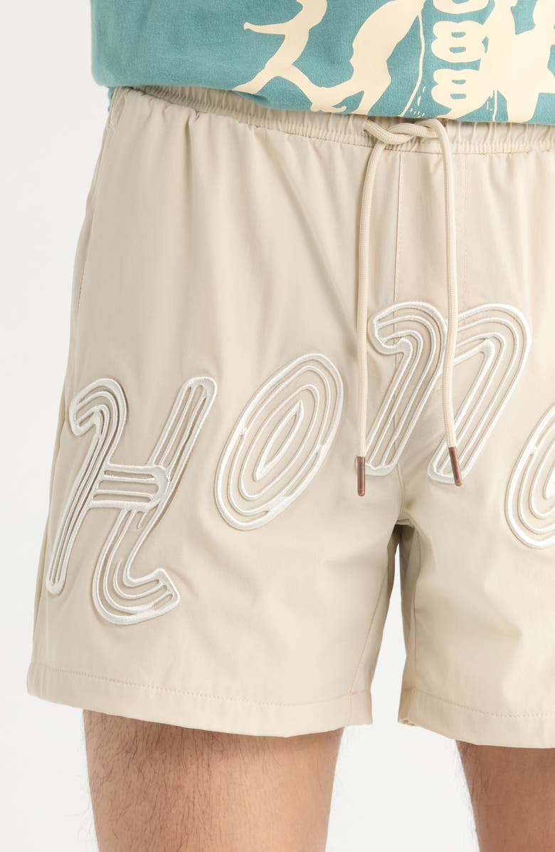 HONOR THE GIFT Logo Embroidered Swim Trunks, Alternate, color, Bone