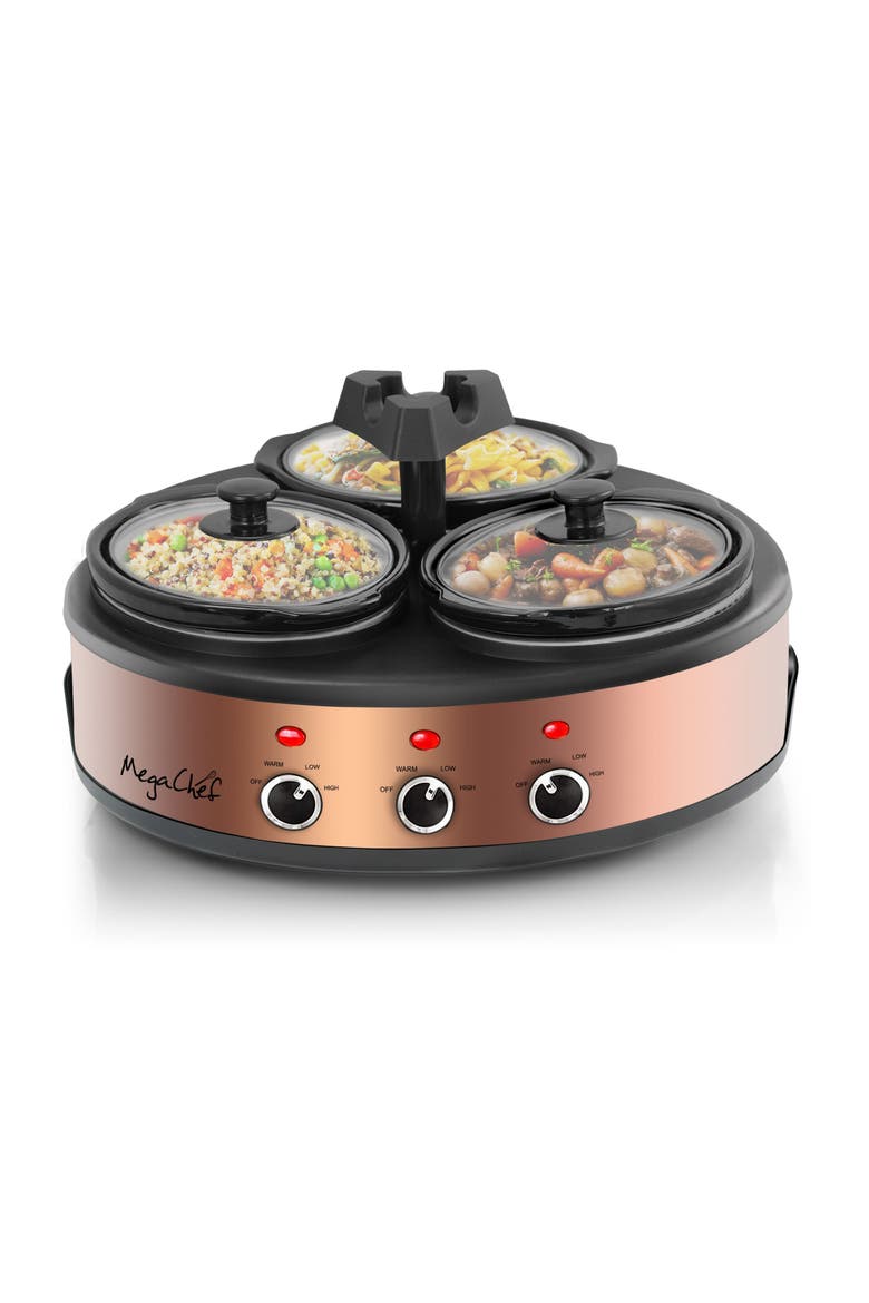 Round Slow Cooker and Buffet Server with 3 Ceramic Cooking Pots, Alternate, color, Black
