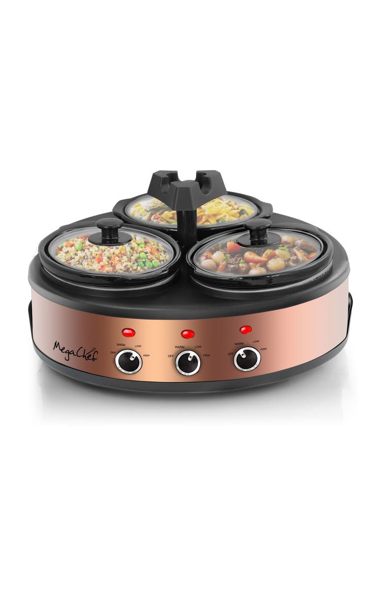 Megachef Round Slow Cooker and Buffet Server with 3 Ceramic Cooking Pots, Alternate, color, Black