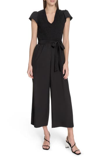 Calvin Klein Smocked Wide Leg Jumpsuit In Black
