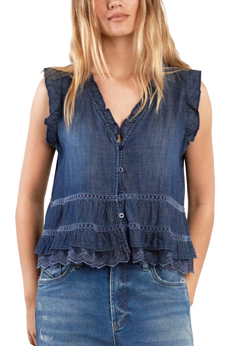 Lovesick Flounce Sleeveless Denim Top, Main, color, FLOUNCE DENIM