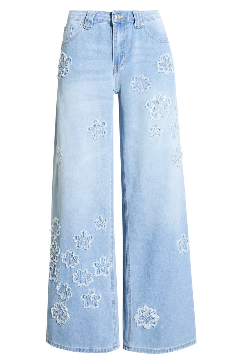 Maya Floral Appliqué Mid Rise Ultra Wide Leg Jeans, Alternate, color, VINTAGE WASH