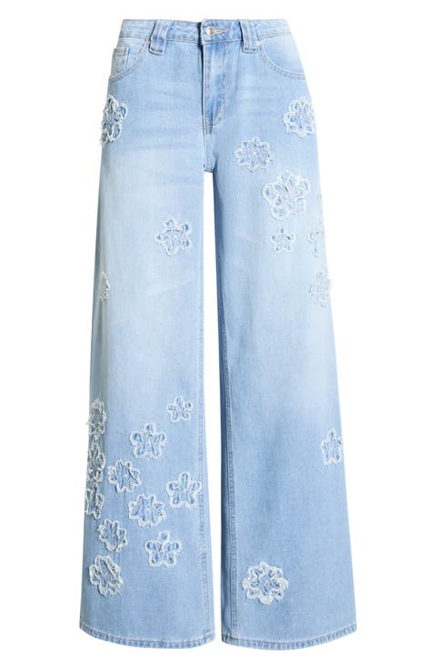 Maya Floral Appliqué Mid Rise Ultra Wide Leg Jeans
