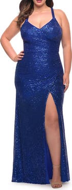 La Femme Sequin Long Plus Gown with V-Neck and Slit