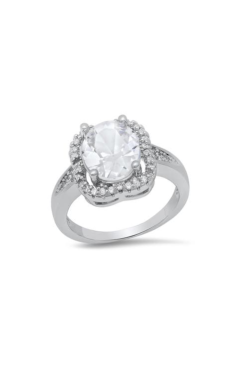 18K White Gold Plated Simulated Diamond Halo Ring